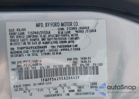 2005 Ford Taurus Sel from USA, damaged, VIN 1FAFP56295A284439